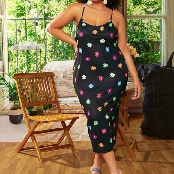 Plus Floral Print Cami Midi Dress 4x 20 Black Multi - Picture 1 of 4